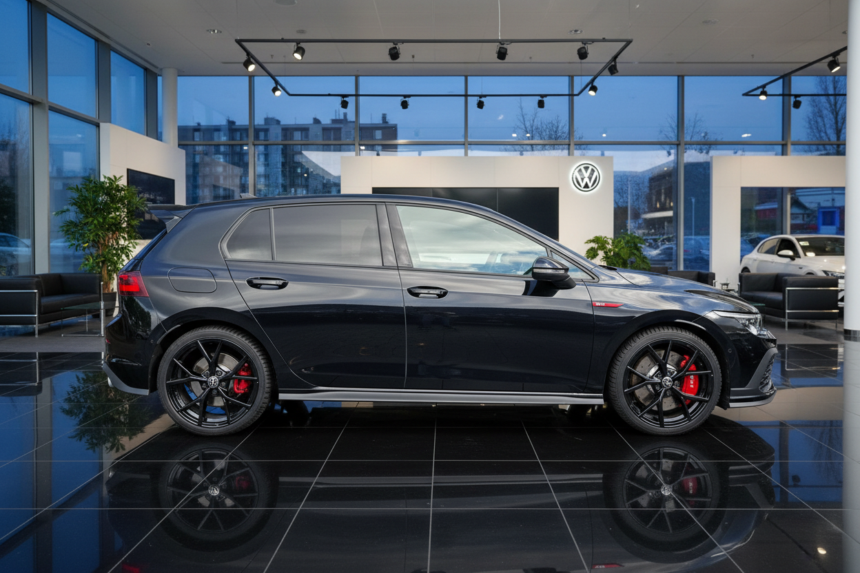 Schwarzer Volkswagen Golf GTI mit roten Bremsscheiben und schwarzen Felgen im VW Autohaus Showroom auf glänzendem schwarzen Fliesenboden