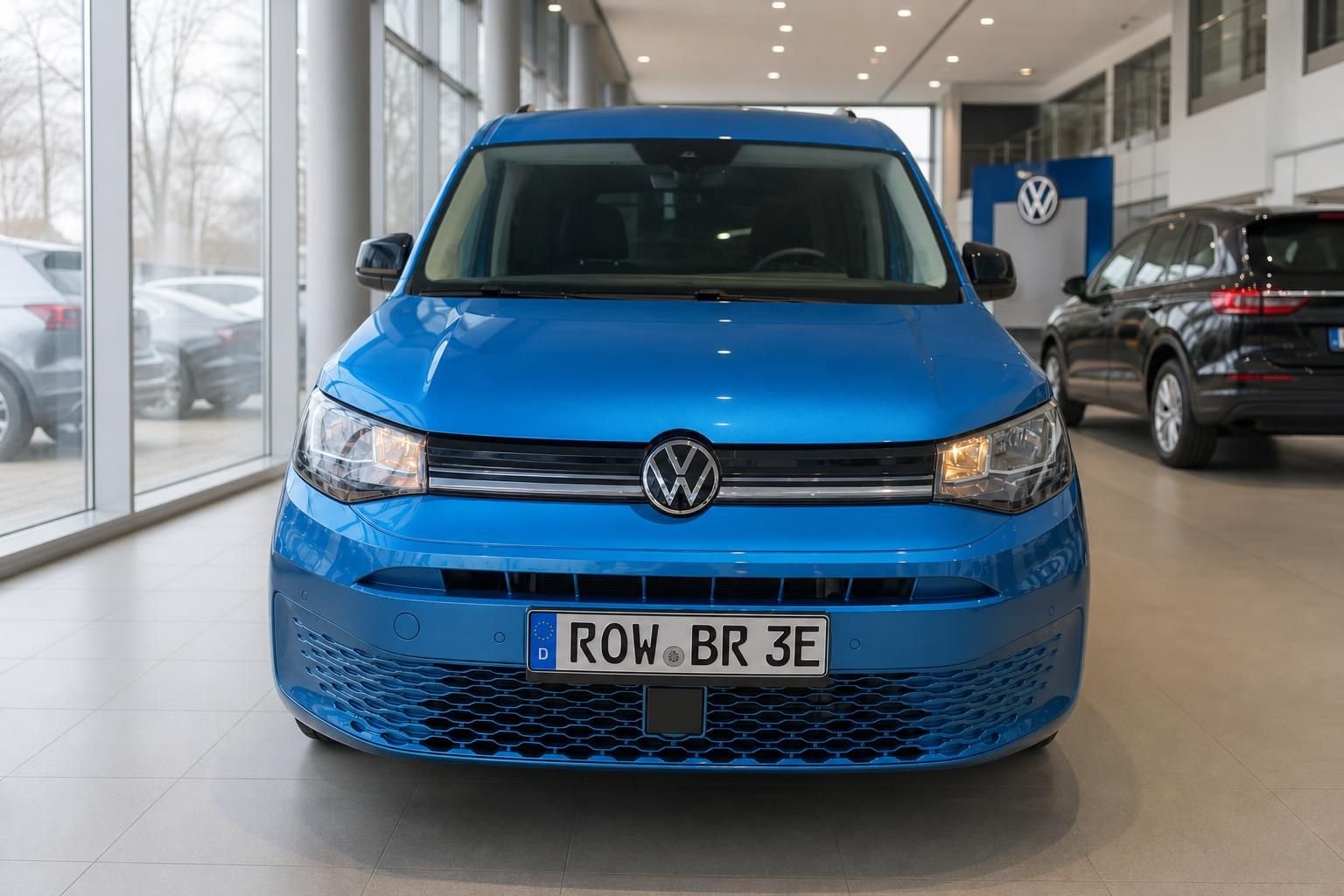Volkswagen Caddy blau Frontansicht mit Kennzeichen ROW BR 3E im Autohaus Showroom