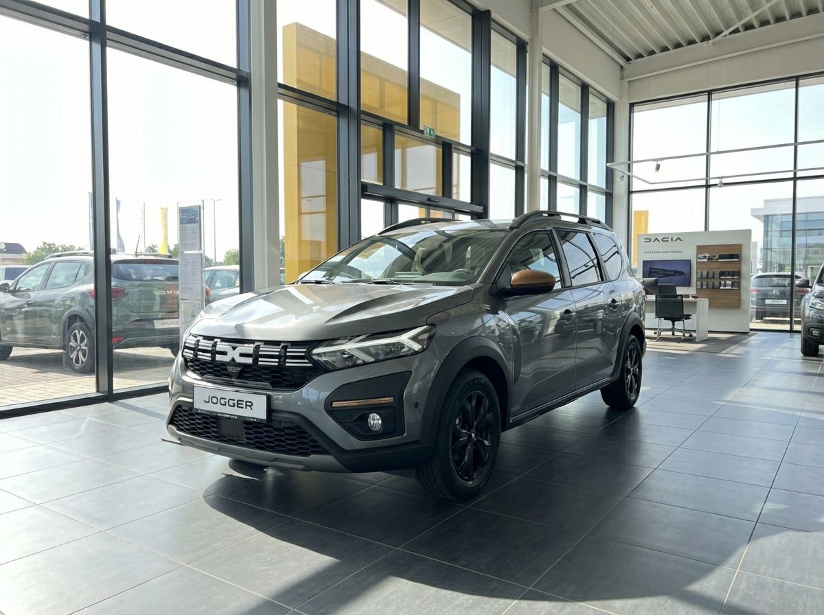 Grauer Dacia Jogger im Showroom des Dacia Autohauses mit schwarzen Felgen