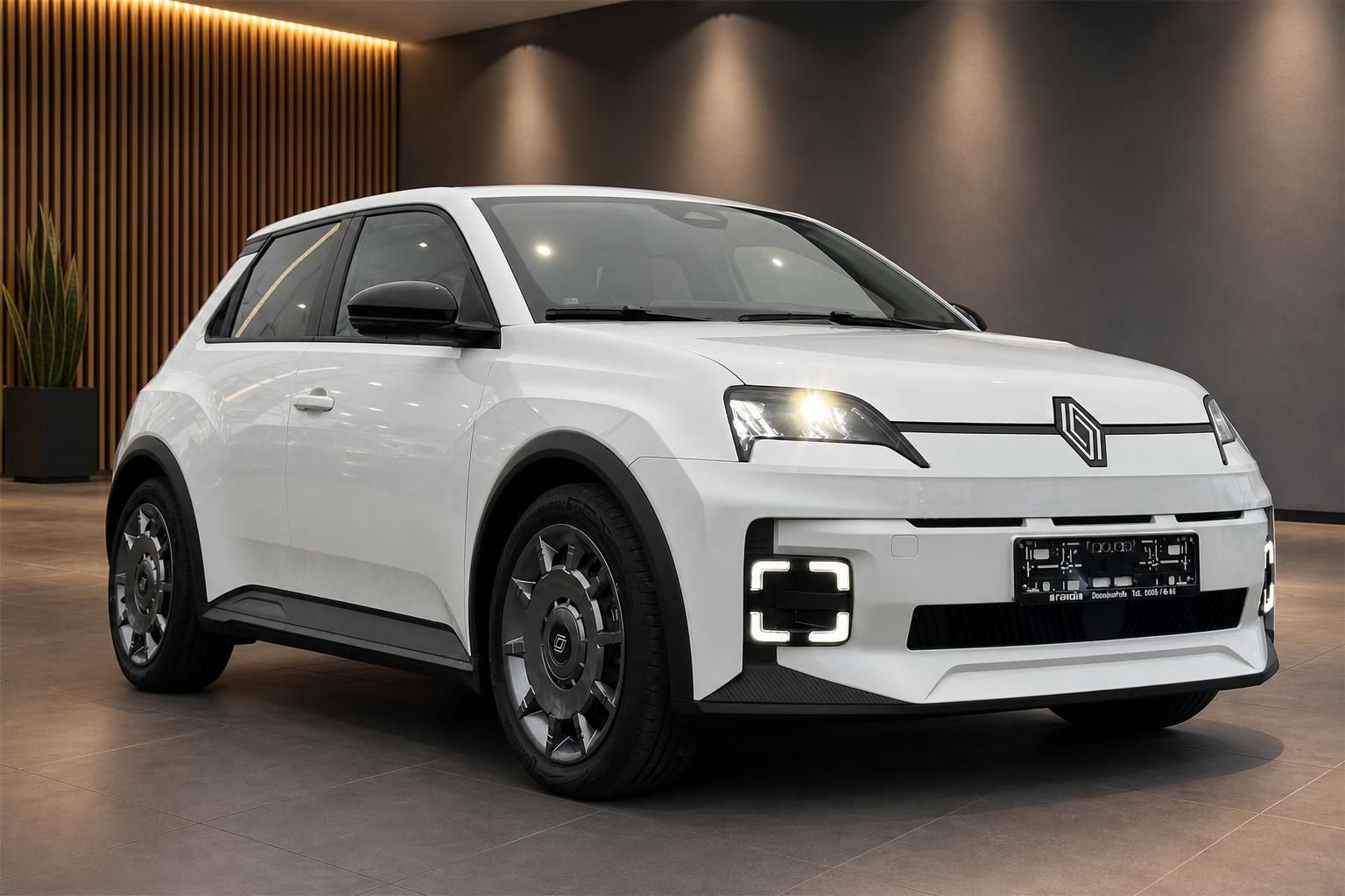 Renault 5 in Weiss, Dreiviertelansicht vorne in modernem Showroom