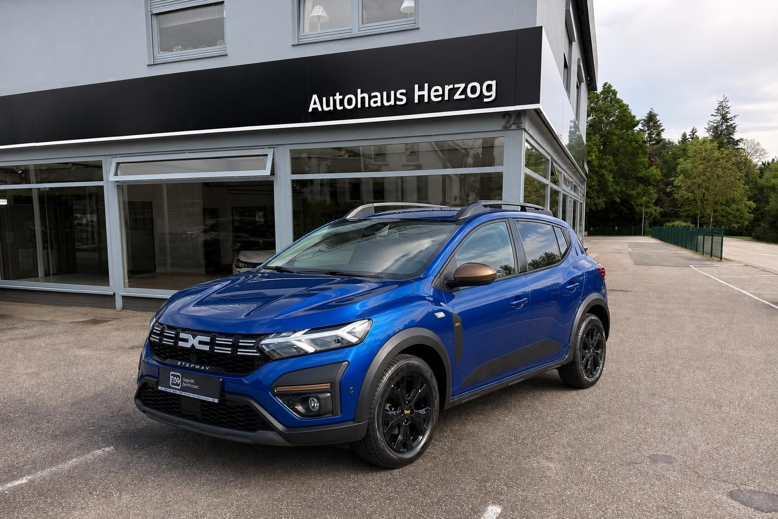 Dacia Sandero Stepway blau Frontansicht vor Autohaus Herzog