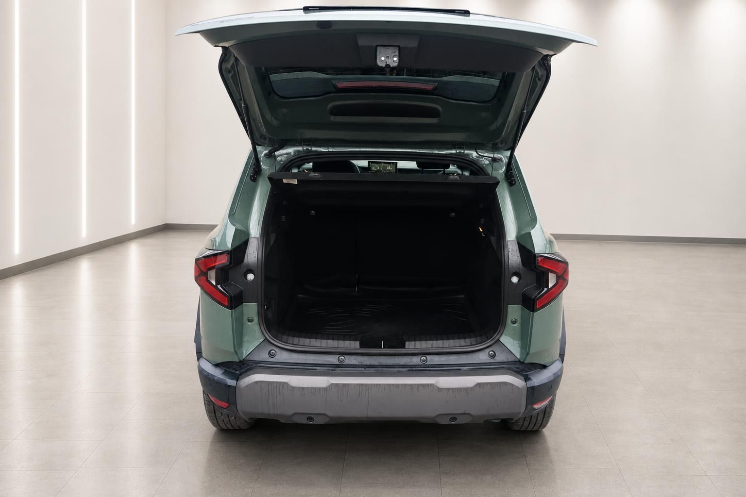 Kofferraum eines gruenen SUV mit geoeffneter Heckklappe von hinten