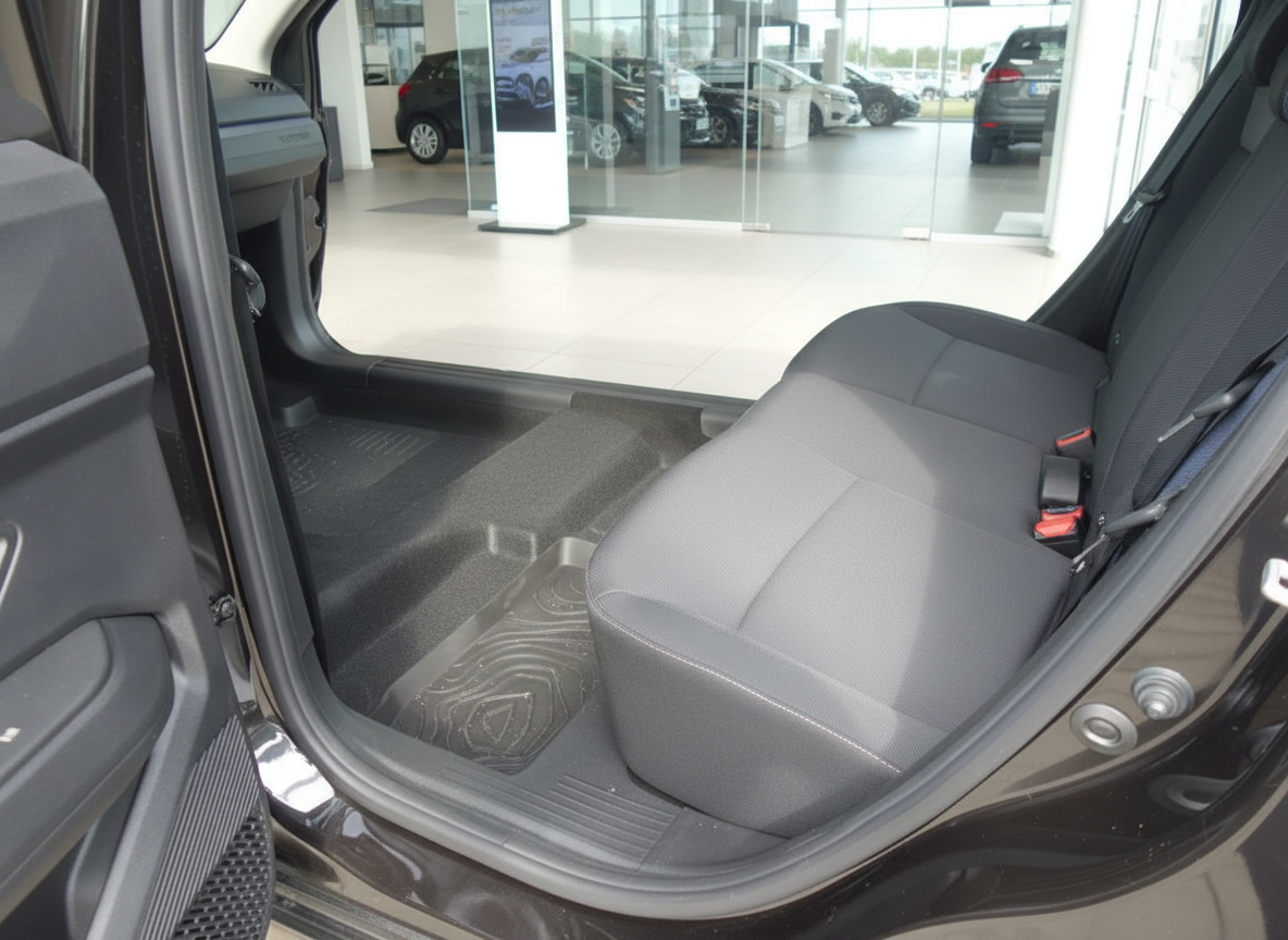 Fahrzeuginnenraum Rücksitzbereich mit schwarzem Textilsitz und Fußmatte im Autohaus