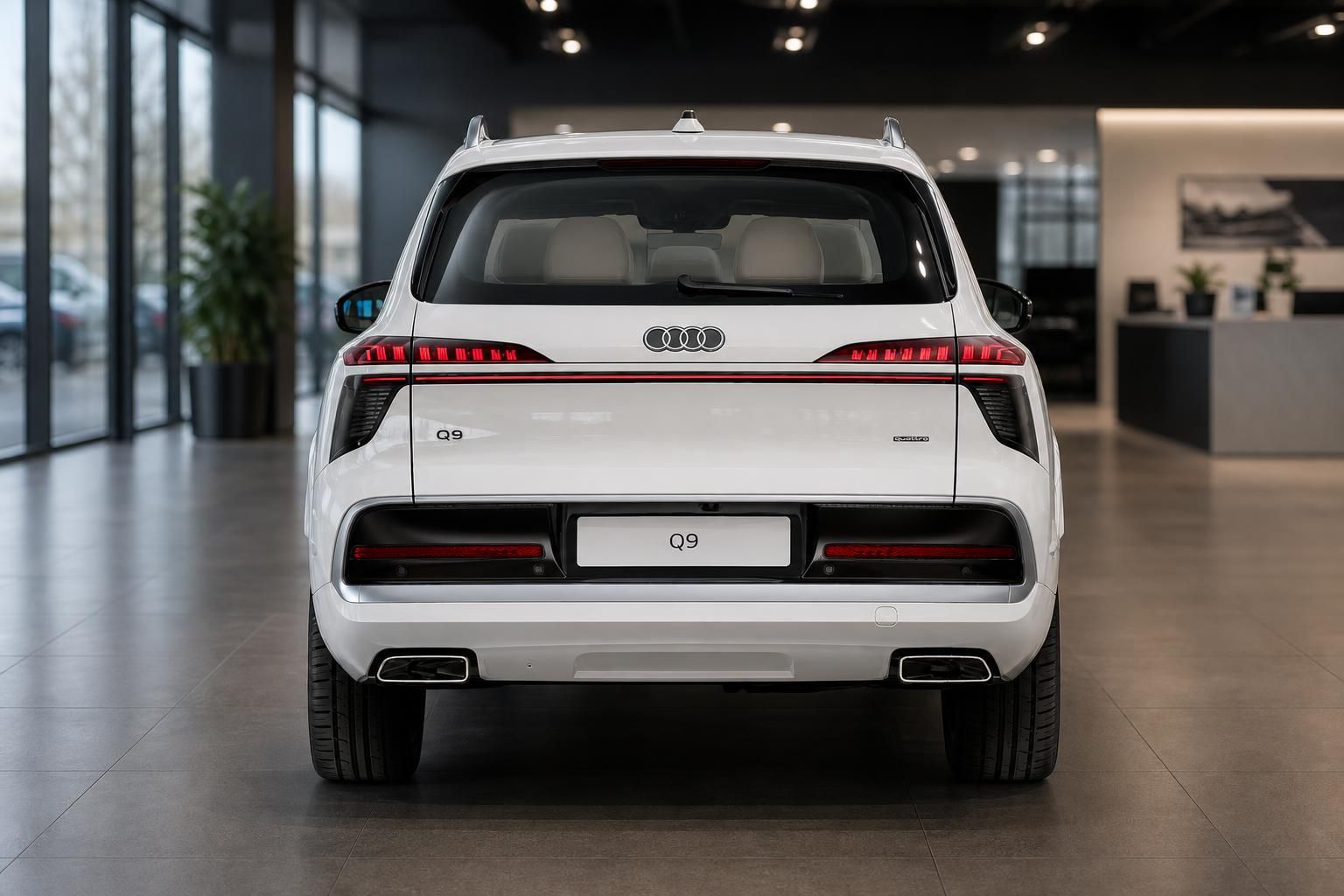 Audi Q9 Quattro weiss Heckansicht im Autohaus Showroom