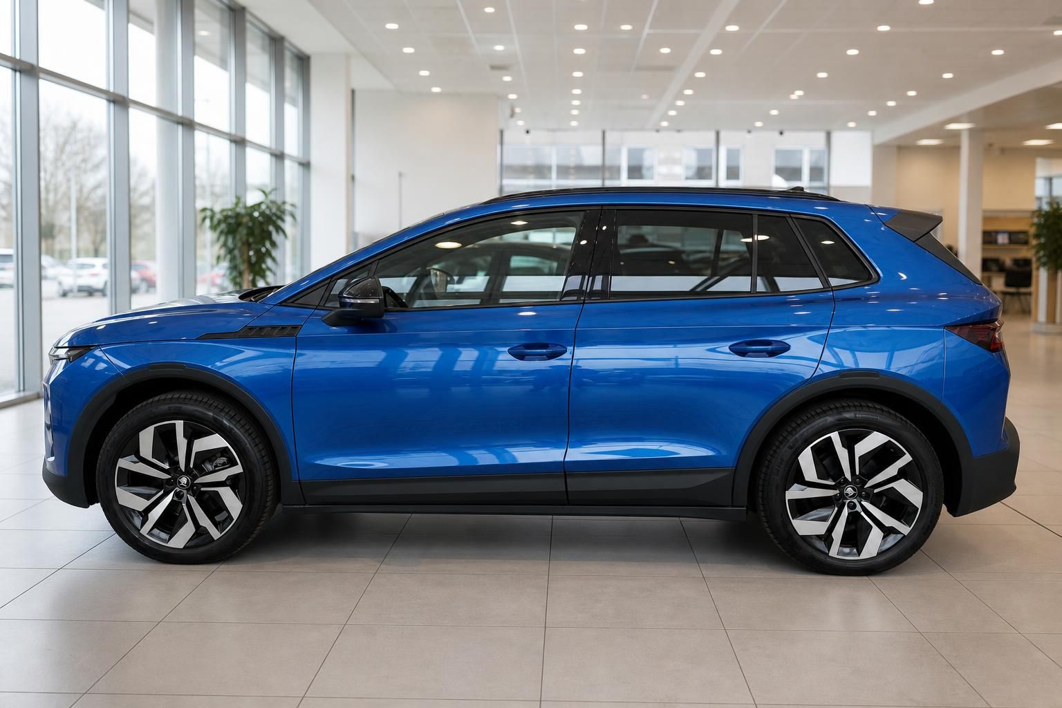 Blauer Skoda SUV Seitenansicht im Autohaus Showroom mit Leichtmetallfelgen