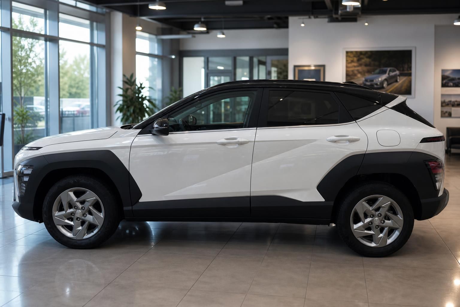Hyundai Kona SUV in Weiß mit schwarzem Dach – Seitenansicht im Autohaus-Showroom