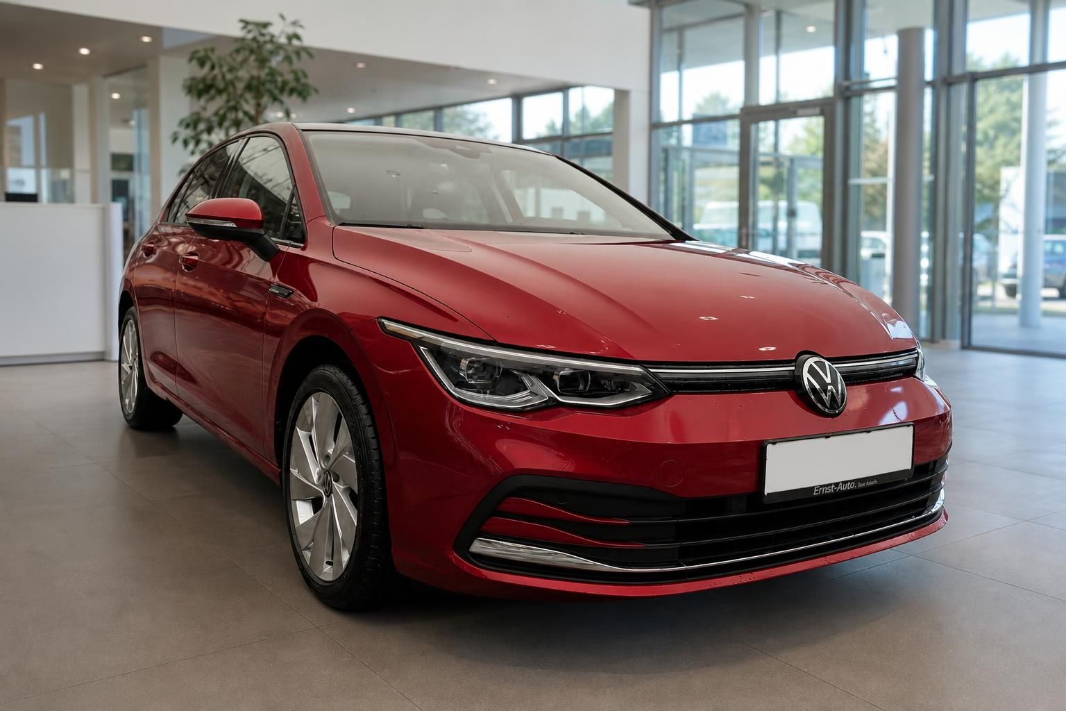 Roter Volkswagen Golf in Hangar - Frontansicht des Kompaktwagens mit modernem LED-Licht Design