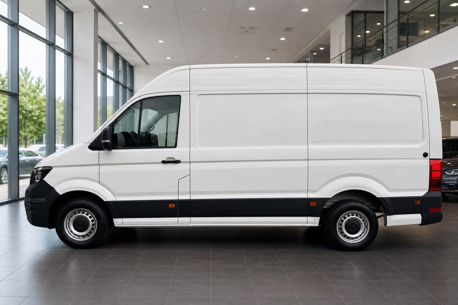 VW Crafter Kastenwagen weiss Seitenansicht links mit hohem Dach in Industriehalle stehend