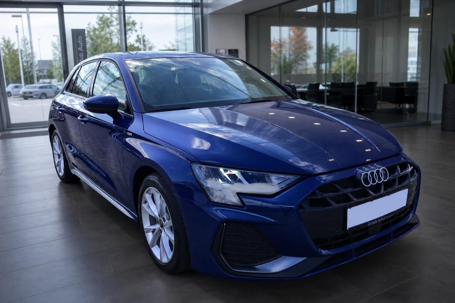 Audi A3 Sportback in Blau – Frontansicht im Autohaus, gepflegter Zustand