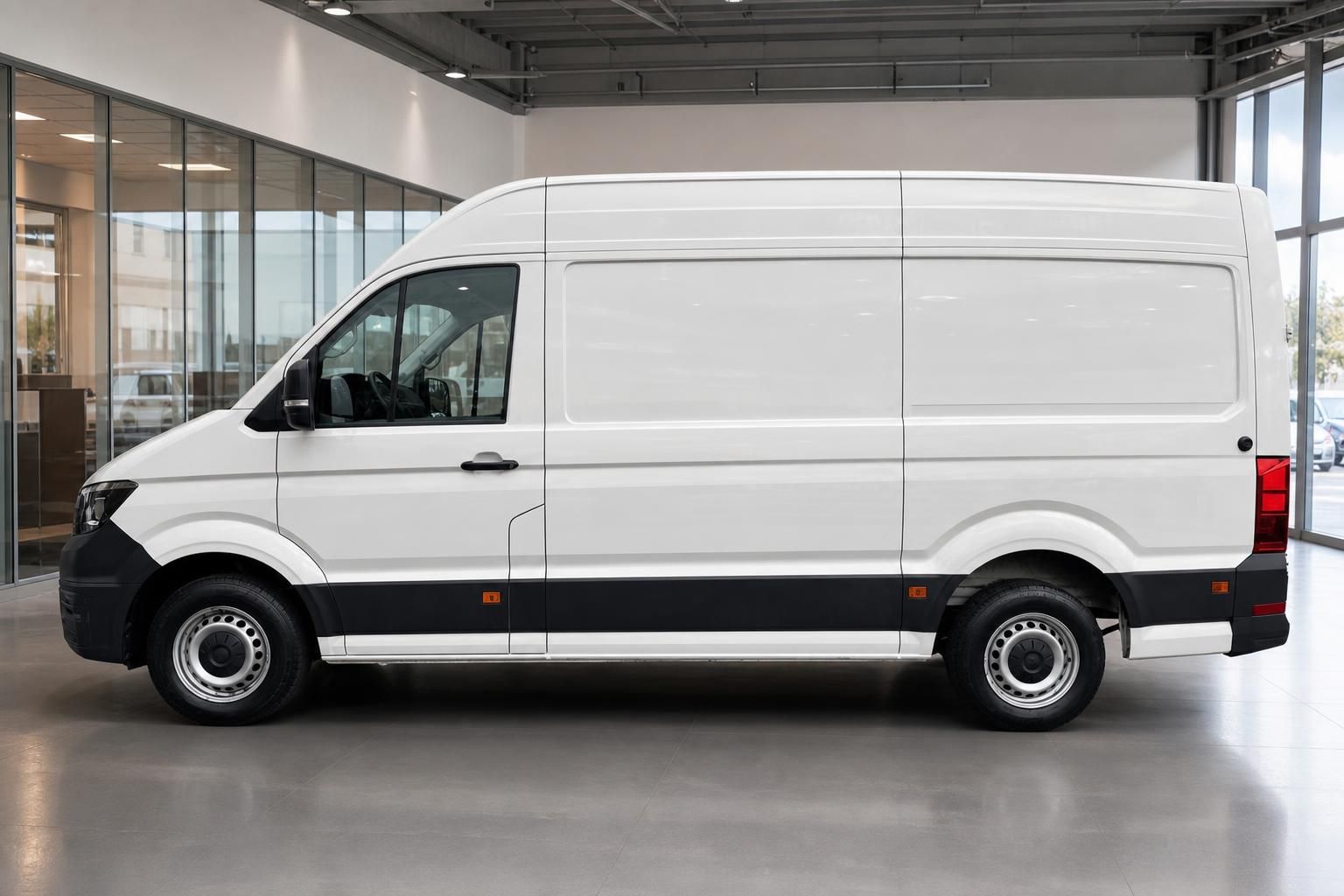 Weißer Hochdach-Transporter Seitenansicht im Autohaus – geräumiger Kastenwagen mit langem Radstand