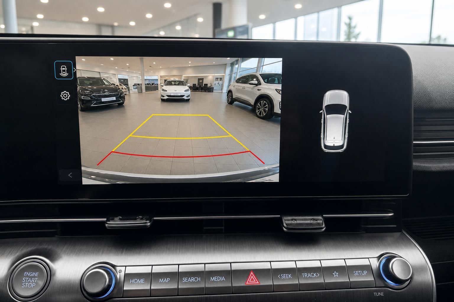 Fahrzeug Infotainment-Display mit Rückfahrkamera und Mittelkonsole im Innenraum