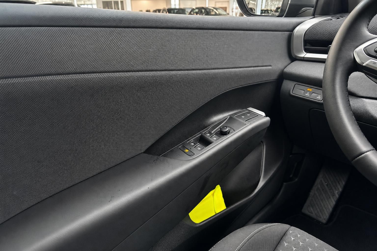 Fahrzeuginnenraum Fahrertür mit Fensterheber-Schalter und Türverkleidung in Schwarz