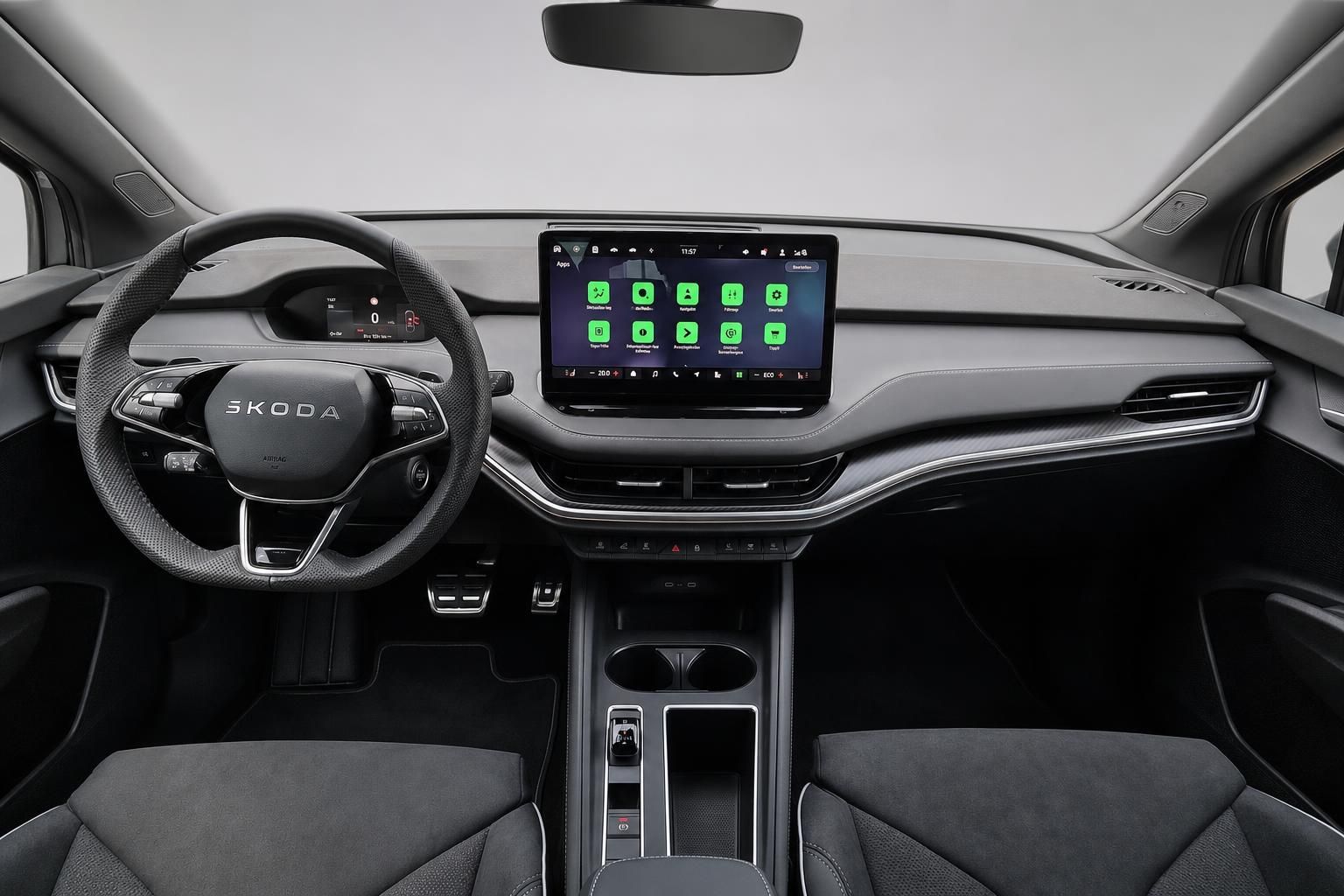 Skoda Innenraum mit Lenkrad, Cockpit und Touchscreen-Infotainment