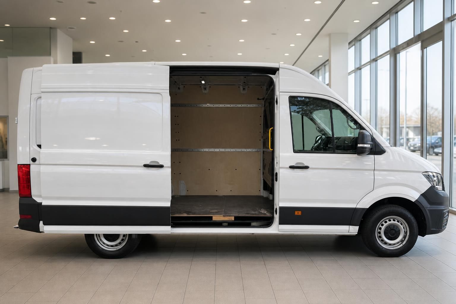 Weißer VW Crafter Kastenwagen mit geöffneter Schiebetür und Laderaum mit Regalen im Autohaus