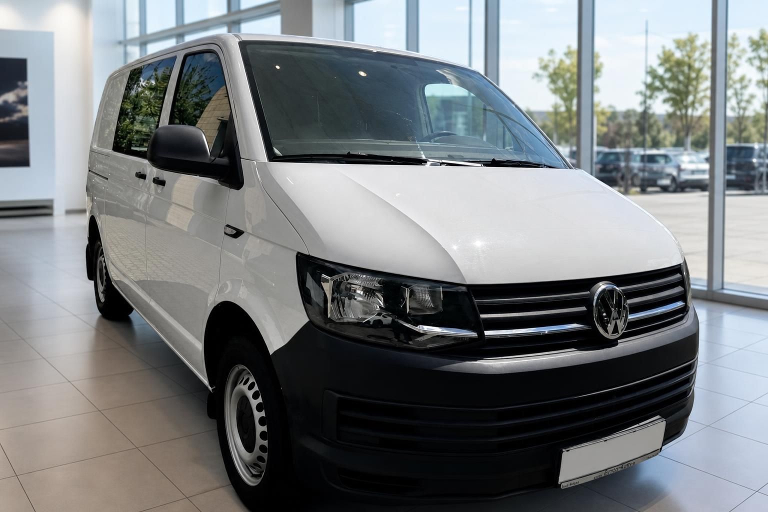 VW Volkswagen Transporter T6 weiss Frontansicht im Autohaus – Kastenwagen kaufen
