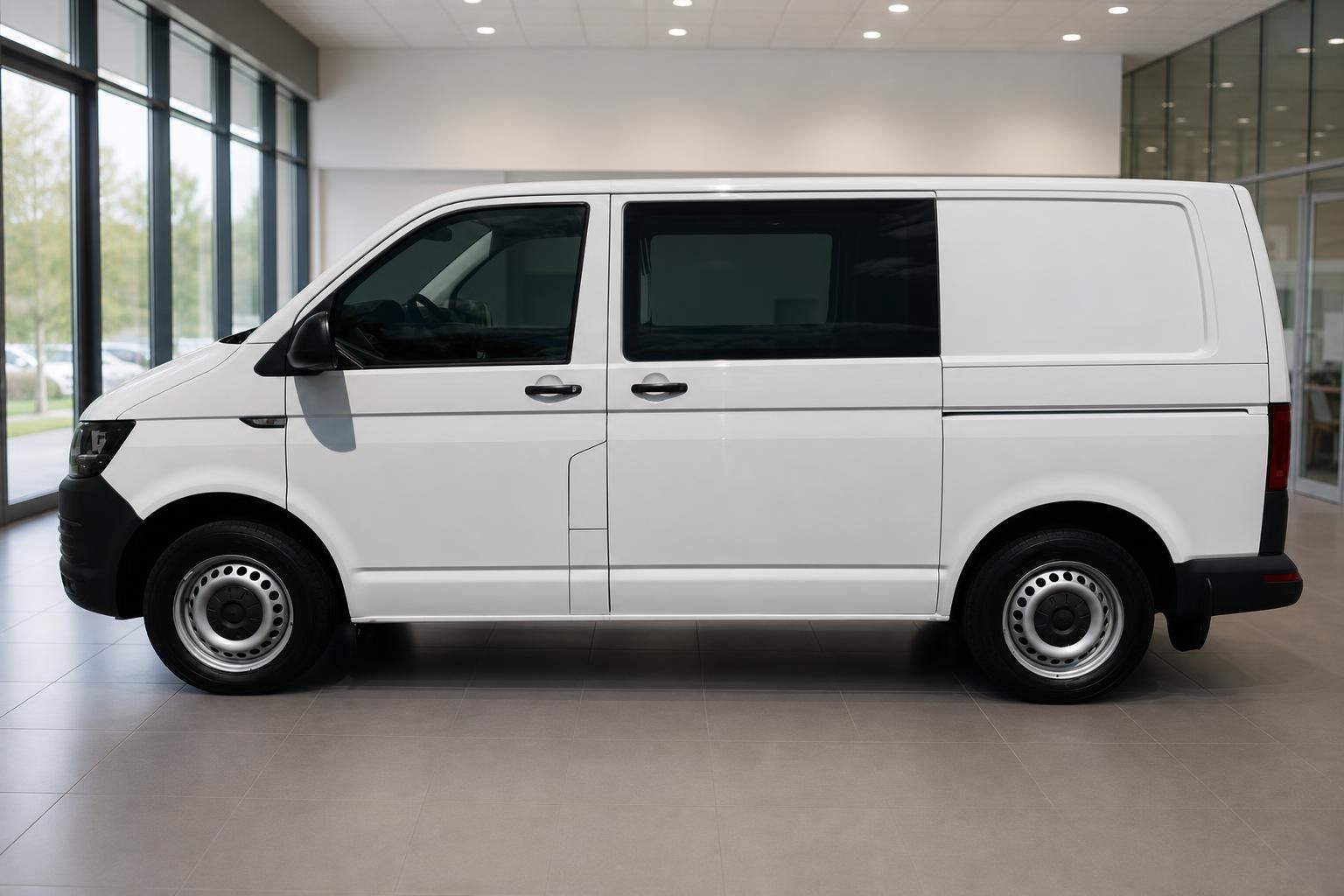 VW Volkswagen Transporter T6 weißer Kastenwagen Seitenansicht im Autohaus