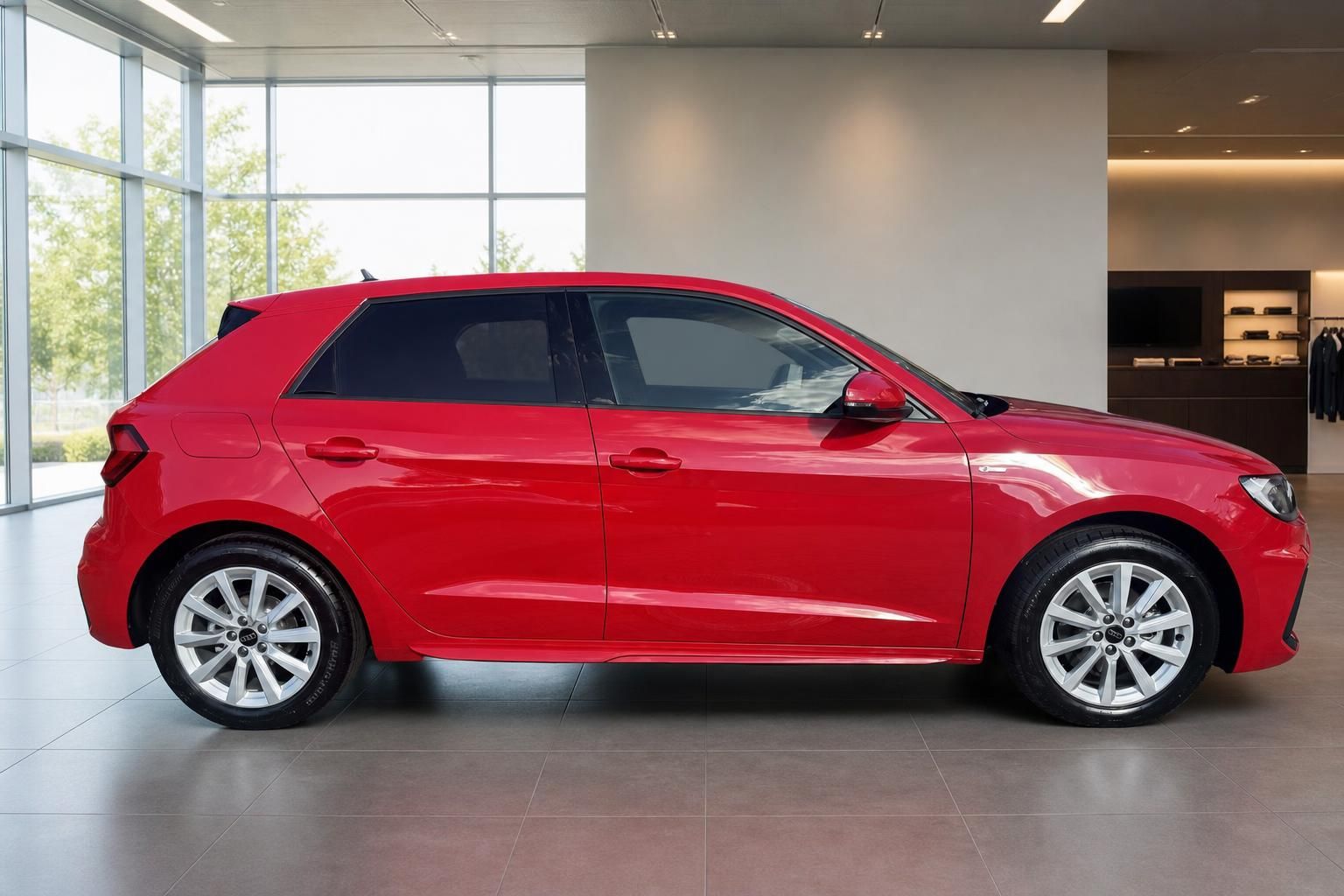 Audi A1 Sportback rot Seitenansicht im Autohaus – kompakter Kleinwagen in Tagundnachtrot