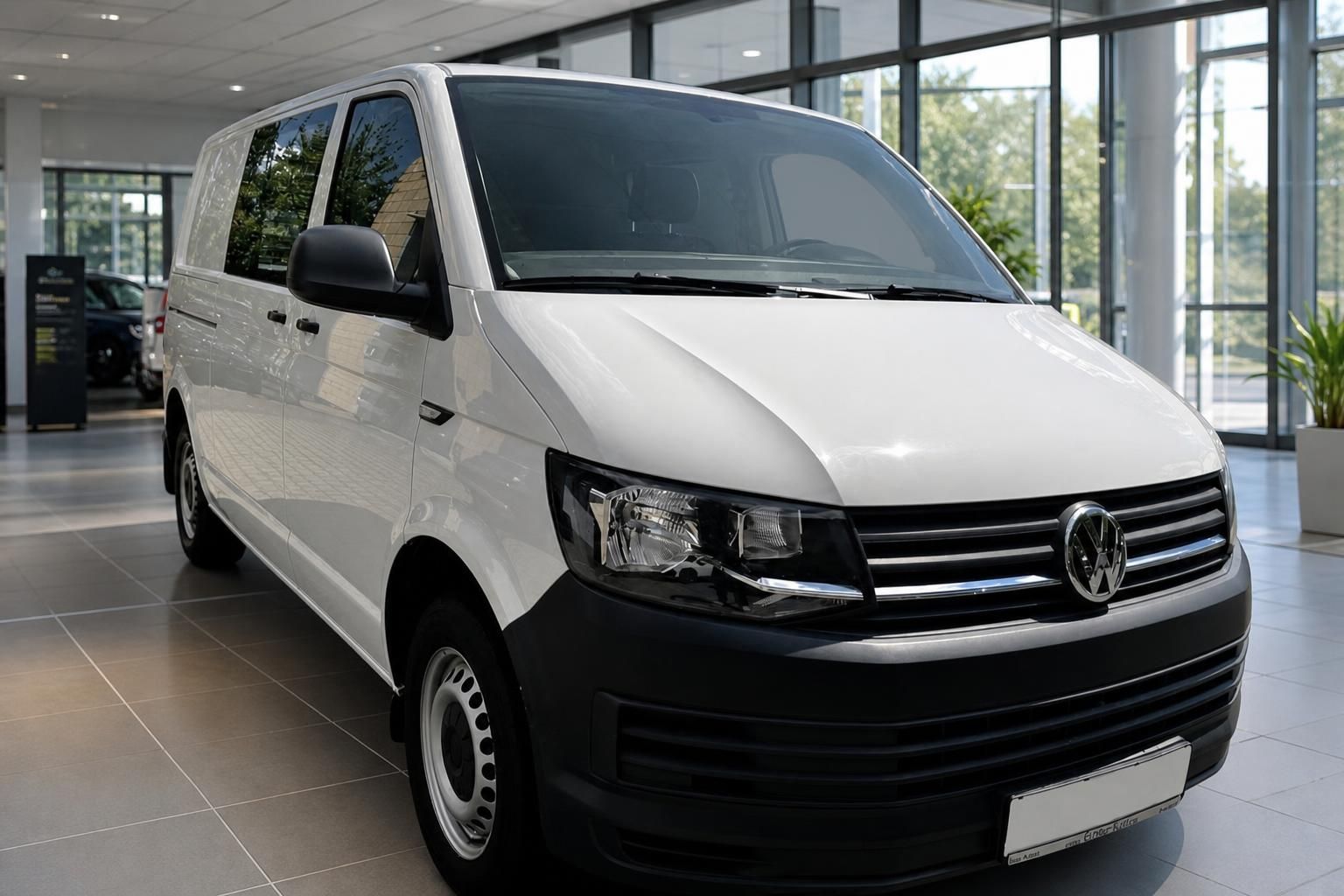 VW Volkswagen Transporter T6 weiss Frontansicht im Autohaus Showroom