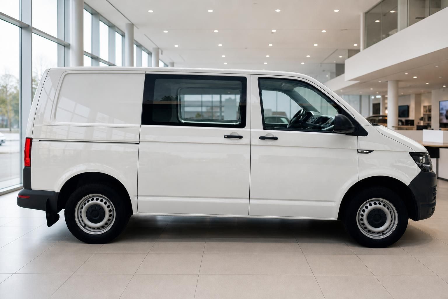 VW Volkswagen Transporter T6 Kastenwagen weiß Seitenansicht im Autohaus