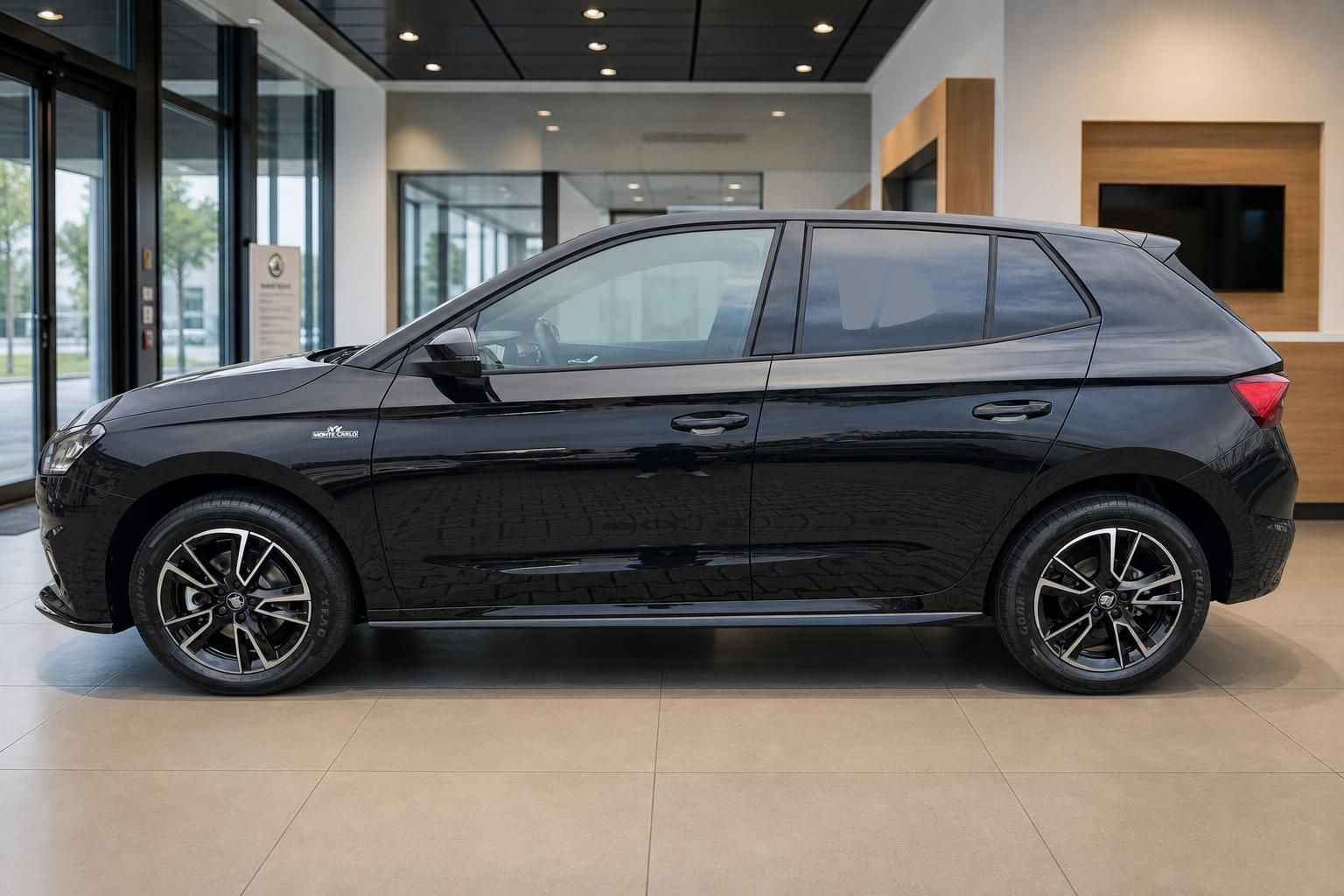 Schwarzer Skoda Fabia Seitenansicht links mit Leichtmetallfelgen in Ausstellungshalle