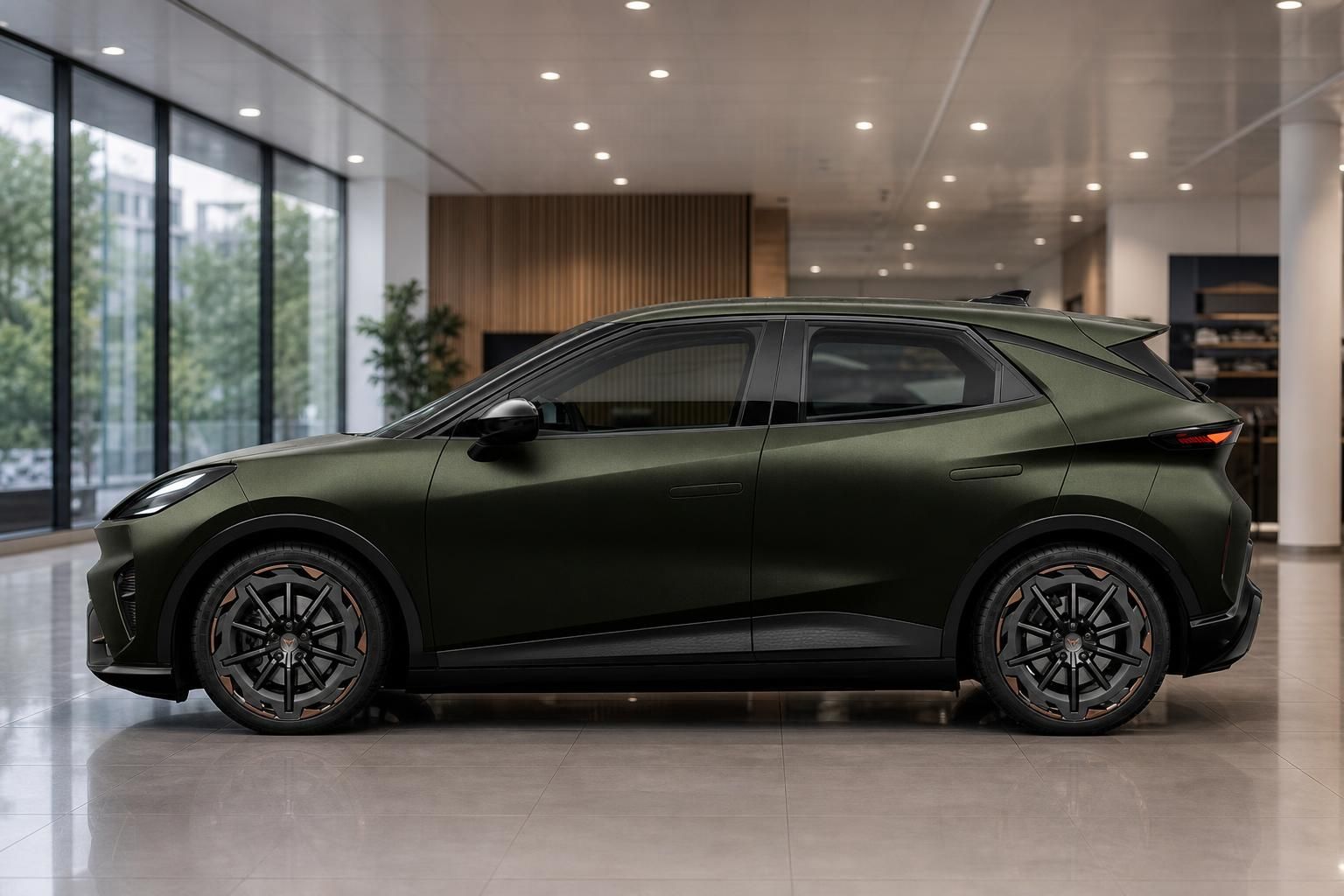 Grünes SUV Coupé in Mattlackierung Seitenansicht im Autohaus Showroom