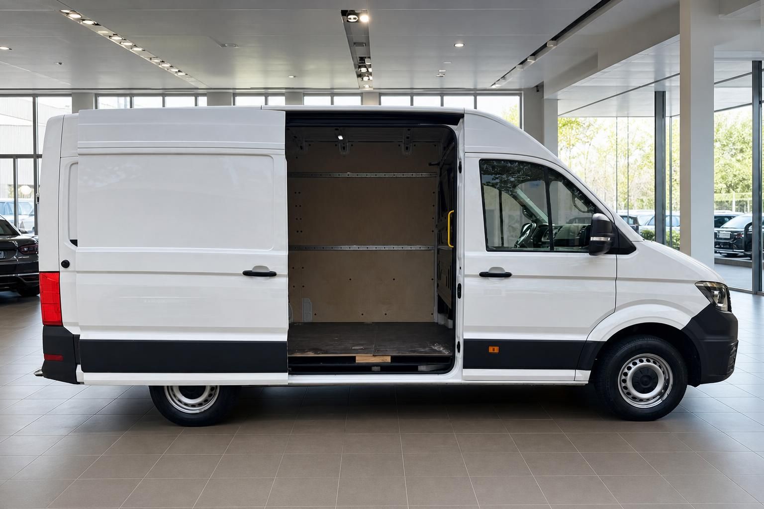 Weißer VW Crafter Kastenwagen mit geöffneter Schiebetür und Laderaum mit Regalen im Autohaus