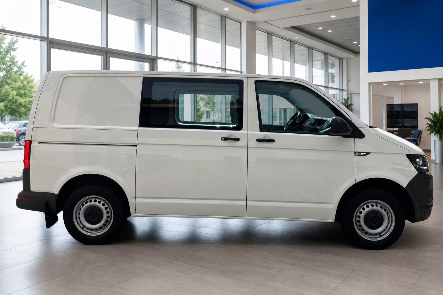 VW Volkswagen Transporter T6 Kastenwagen weiß Seitenansicht im Autohaus