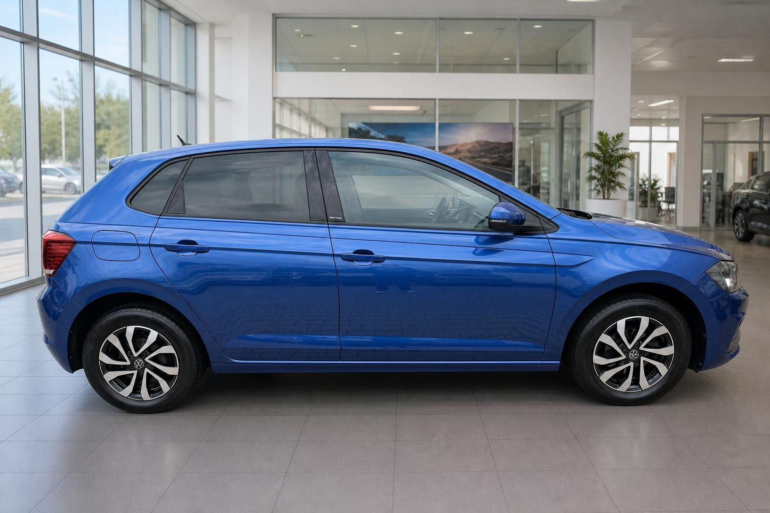 VW Polo blau Seitenansicht im Autohaus – 5-türiger Kleinwagen in Reef Blue Metallic