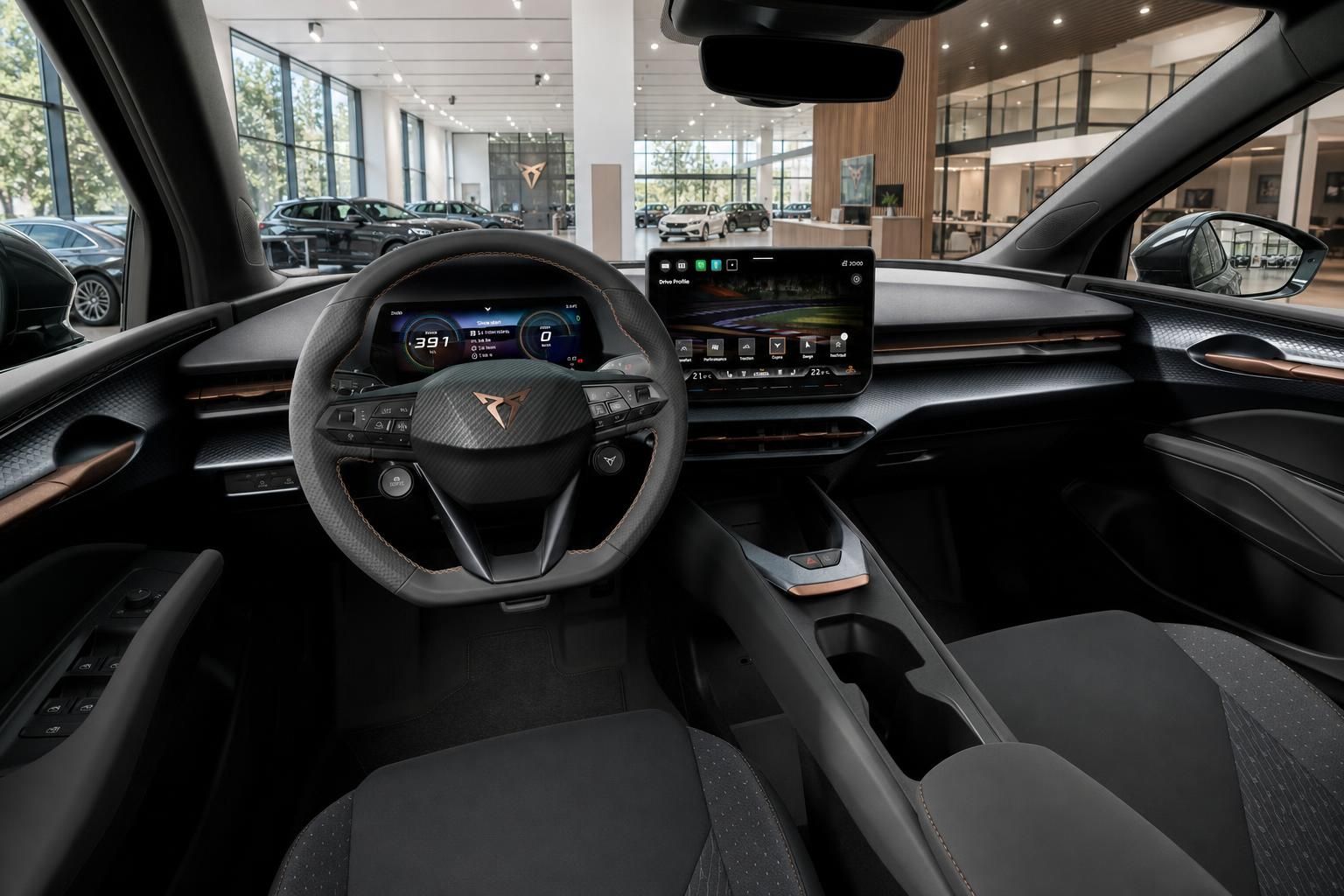 Cupra Innenraum mit Cockpit, Lenkrad und Digitaldisplay im Autohaus