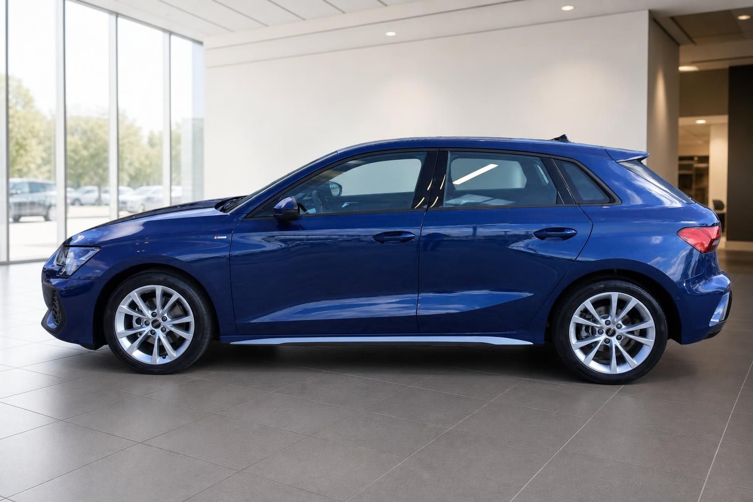 Audi A3 Sportback in Navarra-Blau – Seitenansicht im Autohaus, Sportfelgen, Kompaktwagen