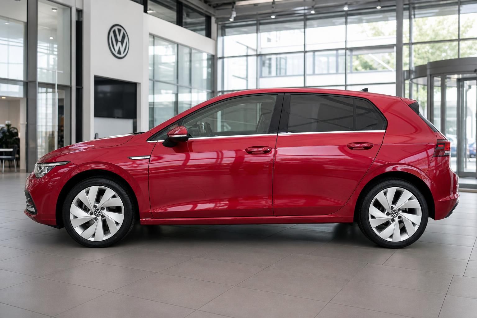 Volkswagen Golf rot Seitenprofil - Moderner Kompaktwagen in Flugzeughalle mit Alufelgen