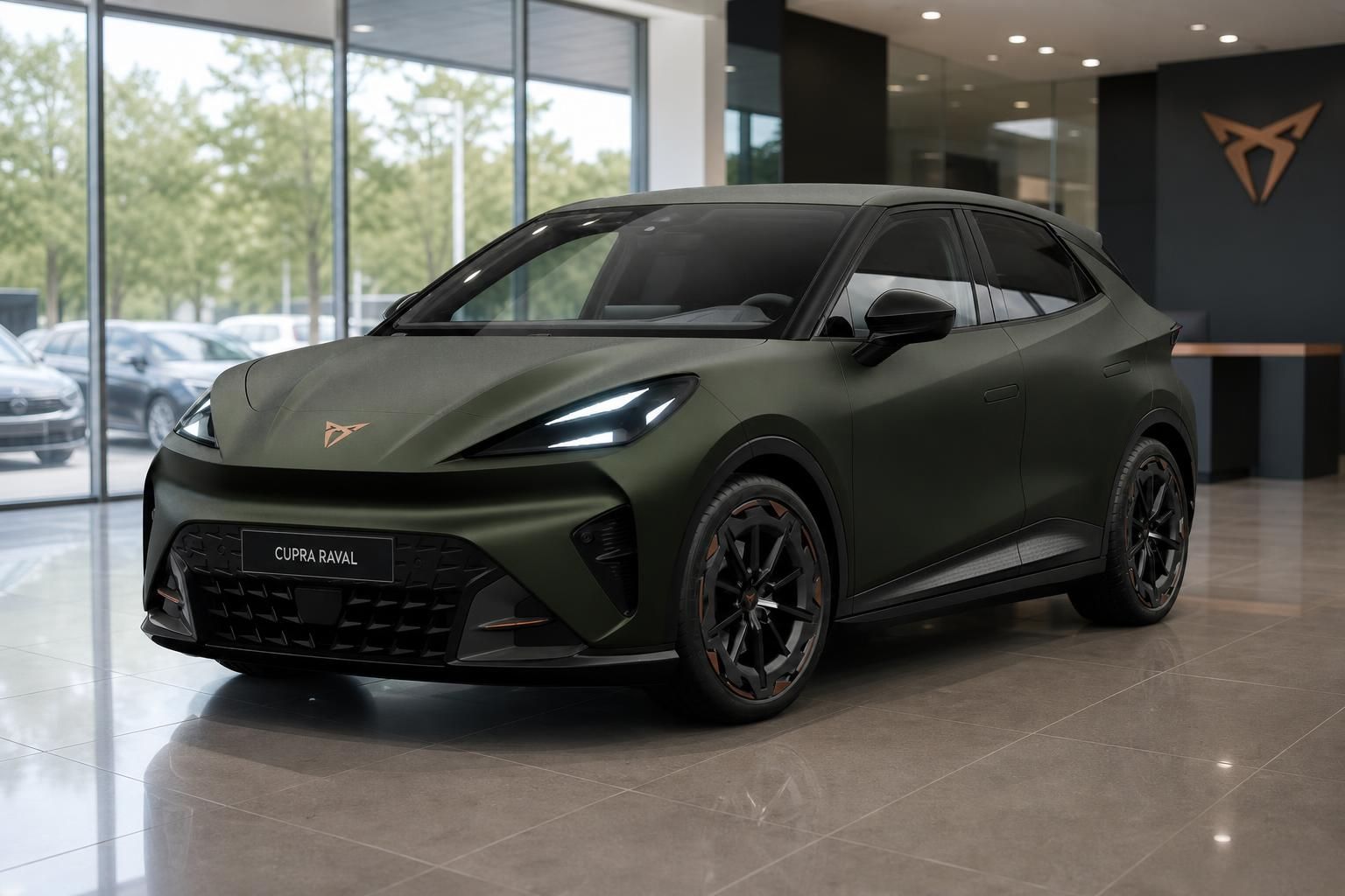 Cupra Raval in Mattgrün in Autohaus-Showroom von vorne fotografiert