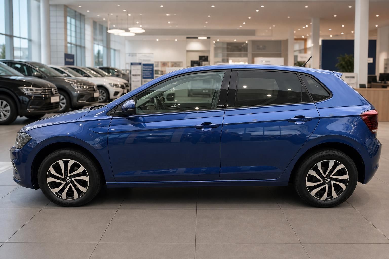 VW Polo blau Seitenansicht im Autohaus – 5-türiger Kleinwagen in Reef Blue Metallic