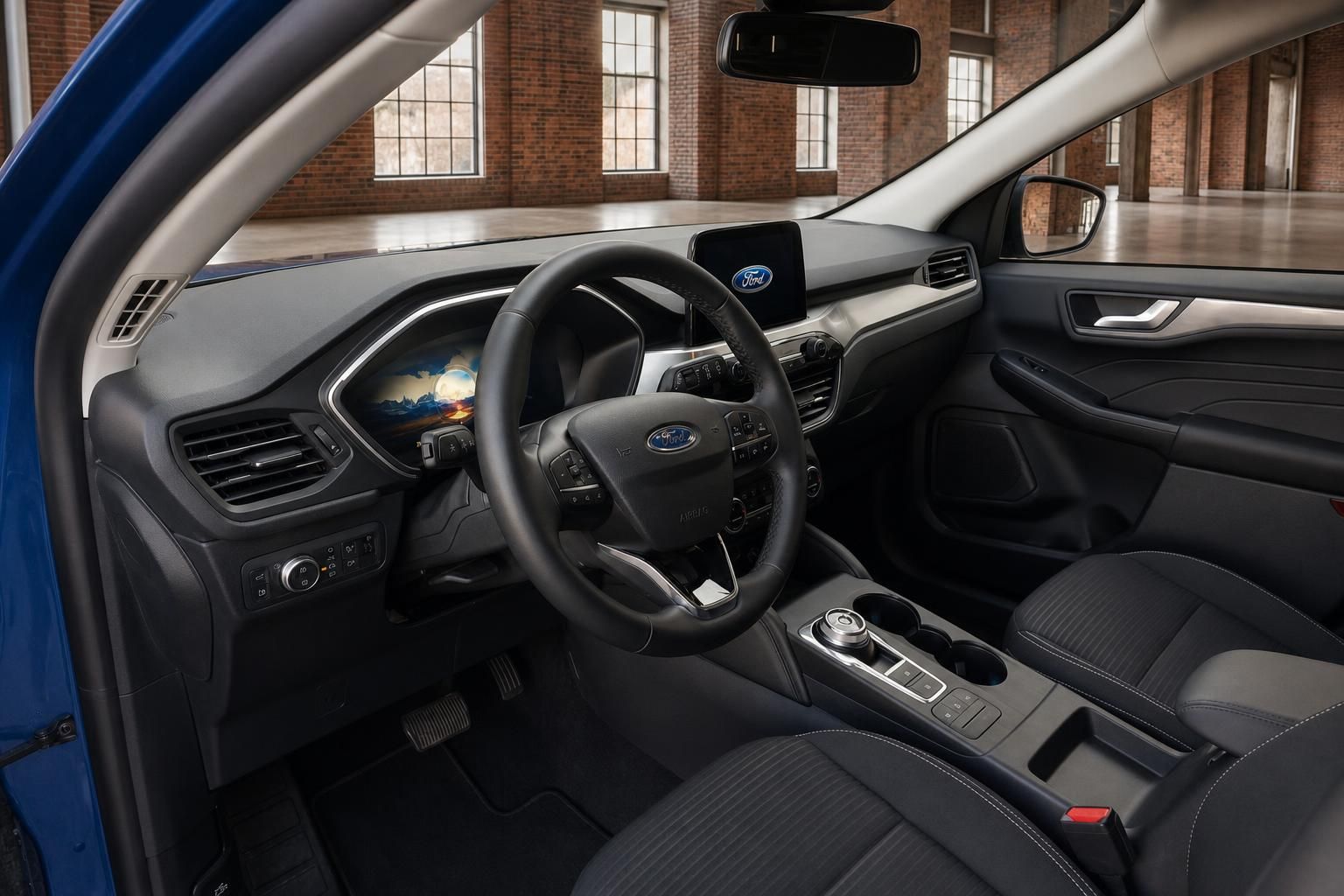 Ford Innenraum mit Cockpit, Lenkrad und digitalem Display in Schwarz