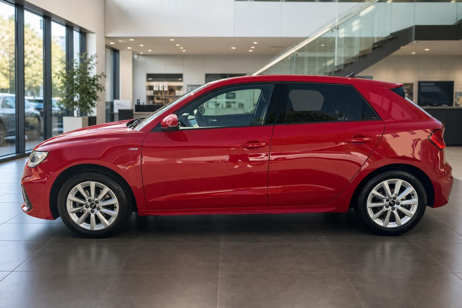 Audi A1 Sportback in Rot – Seitenansicht im Autohaus-Showroom mit Leichtmetallfelgen