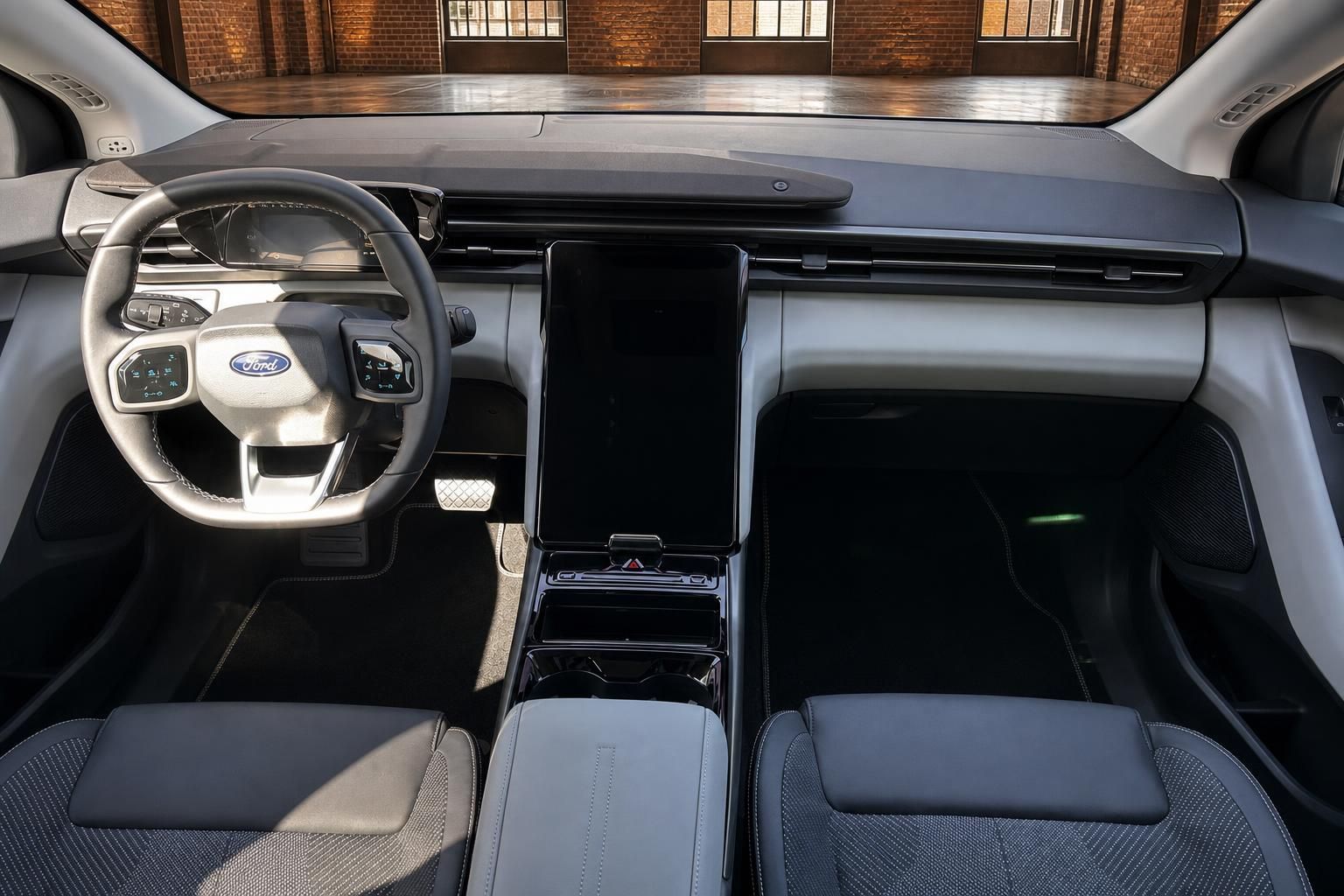 Ford Innenraum mit Lenkrad, Touchscreen und Sitzen im Cockpit