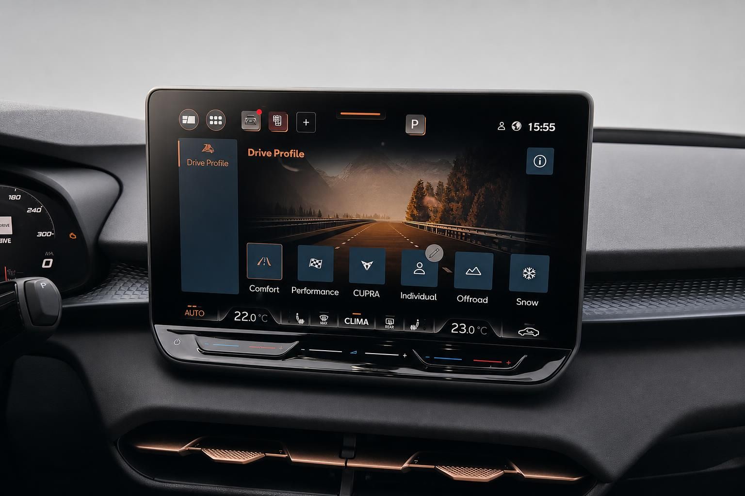 Cupra Infotainment-Display mit Drive Profile Auswahl im Innenraum